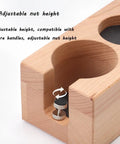Solid Wood Espresso Tamper Console And Filter Stand With Antiskid Base Built Different For Daily Grind Hustle At Backyard Cafe Or Local Shop Using Standard 58 Mm Equipment showing adjustable nut height detail.