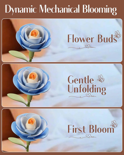 Starry Camellia Lamp DIY 3D Flower Night Light Kit With 73 Laser Cut Pieces For Bedroom Decor Mesmerizing Blooming Motion Powered By A Gentle 5 RPM Motor, blue flower bud view