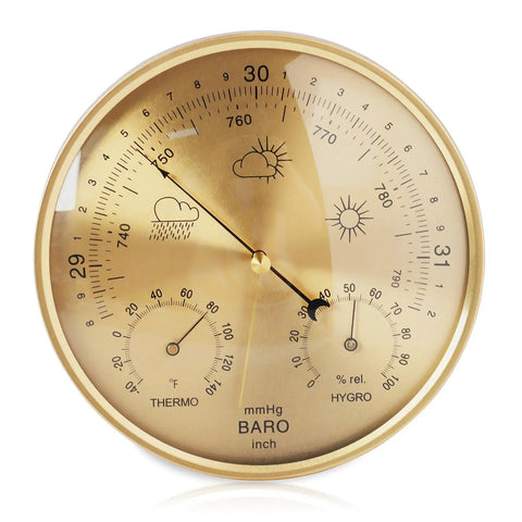 Three In One All Season Wall Hanging Weather Station With Thermometer Barometer And Hygrometer For Home And Office In Fahrenheit Edition Indoor Outdoor Use Accurate Temperature Humidity And Air Pressure Readings, gold finish