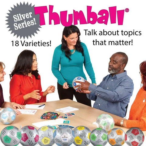 Create Your Own Thumball 6 Inch Blue With Marker Includes 30 Blank Panels For Custom Ice Breakers And Learning Reinforcement Tools Perfect For Class Team Building And Quick Conversational Prompts. group using Thumball ball for discussion