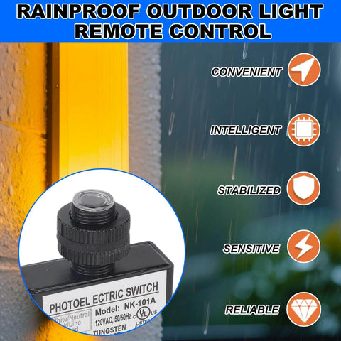 Dusk To Dawn Auto On Off Outdoor Lighting Sensor Switch, rainproof switch with remote control, showing photoelectric sensor