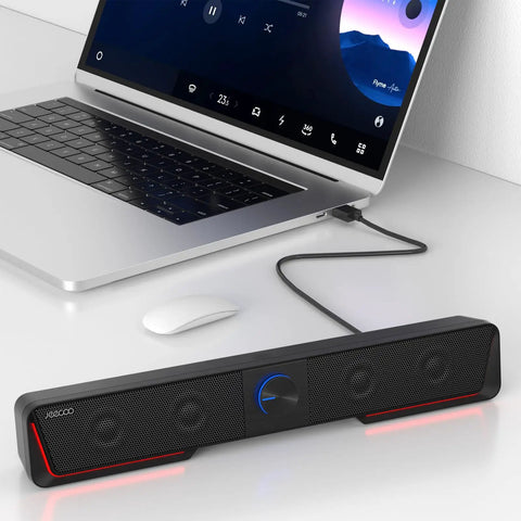 Clear Sound Bluetooth Computer Speakers With USB Plug And Play LED Light Bar For Desktop Laptop And Monitor Dual 5W Full Range Sound USB C Adapter Included Easy Switch Button Perfect For Gaming Music And Movies shown connected to laptop on desk