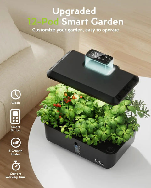 Indoor Hydroponics Grow System With 12 Pod Kit And Full Spectrum LED Grow Light on wooden table with green herbs