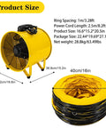 Beefy 16 Inch High Velocity Portable Blower Fan With 1100W Copper Motor and 32.8 Ft Duct Hose dimensions shown