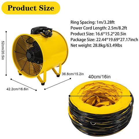 Beefy 16 Inch High Velocity Portable Blower Fan With 1100W Copper Motor and 32.8 Ft Duct Hose dimensions shown