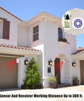 Long Range Wireless Motion Sensor Alarm System installed on a house with 2 detectors capturing motion, 300 ft range highlighted.