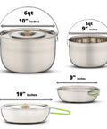 Compact Stainless Steel Campfire Cookware Set with travel tote, 6qt and 5qt pots with lids, and 9-inch pan with handle shown.