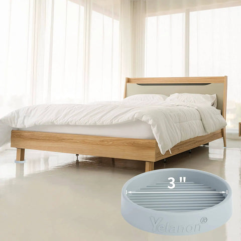 Eight Pack 3 Inch Round Rubber Furniture Caster Cups Non Slip Pads For Hardwood Floors, Tile, Laminate And Carpet Floors, Anti Slip Floor Protectors For Beds And Couches Gray shown under bed legs on hardwood floor