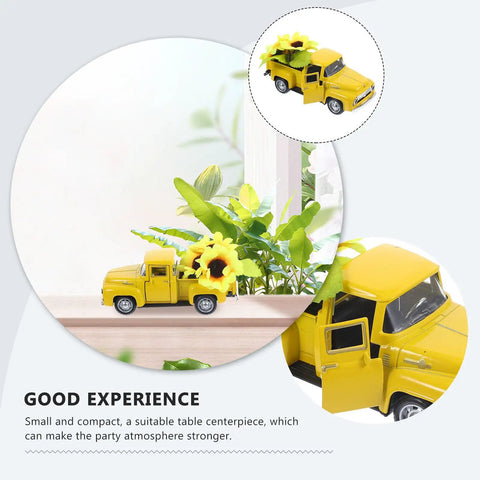 Yellow Metal Truck Decor With Artificial Sunflowers Vintage Farmhouse Charm Tiered Tray Ornament small yellow metal truck with sunflowers
