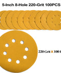 Aiyard 5-inch yellow 8-hole hook-and-loop sanding discs, 220-grit, 100-pack