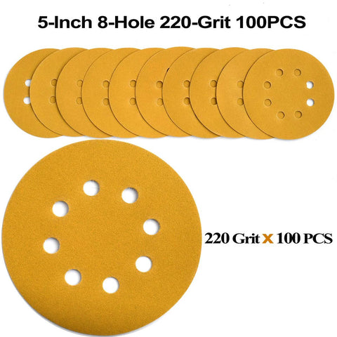 Aiyard 5-inch yellow 8-hole hook-and-loop sanding discs, 220-grit, 100-pack
