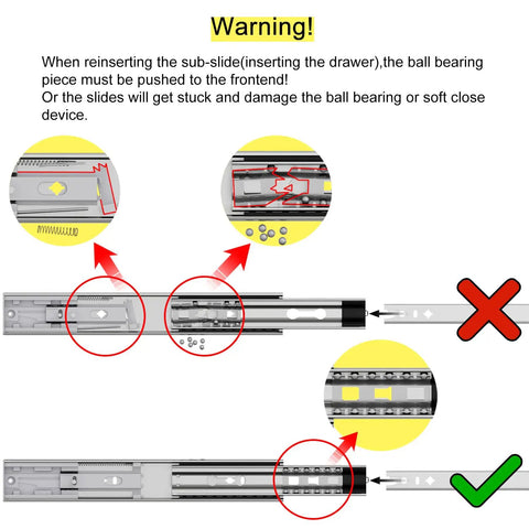 Illustration of Grab These Rugged 22 Inch Soft Close Heavy Duty Drawer Slides installation with warning and adjustment guide.