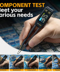 Hand holding LCR ST1 10KHz LCR Meter With Tweezers Beast All In One SMD Tester ESR Meter Multimeter over electronic component board.