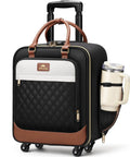 Black and brown underseat carry on luggage with spinner wheels, 16-inch laptop sleeve, and large bottle pocket, airline-approved design.
