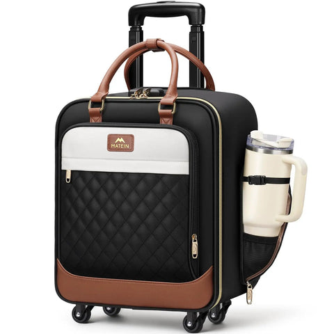 Black and brown underseat carry on luggage with spinner wheels, 16-inch laptop sleeve, and large bottle pocket, airline-approved design.