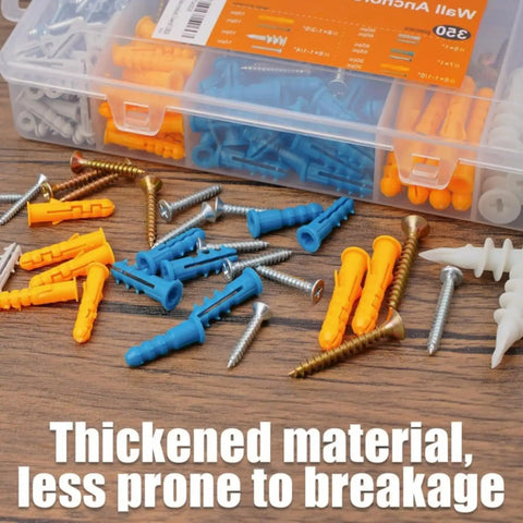 Ultimate Wall Anchor Kit With Plastic Wall Plugs And Self Tapping Screws, 350-Piece Complete Set In A Labeled Storage Box, Hook Up Shelves, Frames, Brackets, Hooks, And More On Drywall Or Studs. assorted wall plugs and screws in storage box