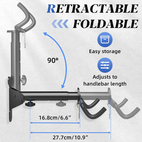 Side view of Adjustable Bike Wall Mount Hanger for Space Saving Horizontal Rack, arms extend from 6.6 to 10.9 inches.