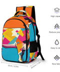 Vibrant Dual Tone Orange Cyan Patchwork Cow Print Unisex Backpack With Large Capacity For Everyday Carry School Travel Work Commute Durable Polyester Design With Smooth Zipper And Breathable Comfort shown with size dimensions and features.