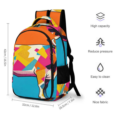 Vibrant Dual Tone Orange Cyan Patchwork Cow Print Unisex Backpack With Large Capacity For Everyday Carry School Travel Work Commute Durable Polyester Design With Smooth Zipper And Breathable Comfort shown with size dimensions and features.