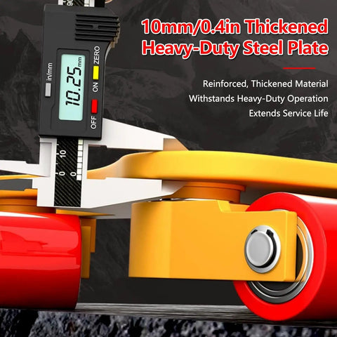Close-up of measuring tool on 10mm Heavy-Duty Steel Plate of Rock Solid Heavy Duty Moving Dolly for durability and strength.
