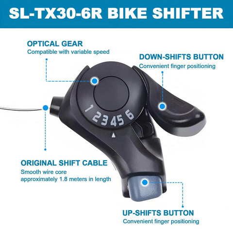 3x6 Thumb Gear Shifters TX30 Shift Levers Set with optical gear, SL-TX30-6R bike shifter with downshift and upshift buttons.
