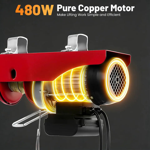 Built Like A Tank Electric Hoist Winch 220 Pound Capacity Portable Overhead Crane With Remote showing 480W pure copper motor.
