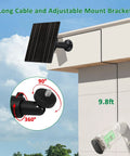 10W Trail Camera Solar Charger with 10400mAh battery and adjustable 360-degree mount attached to a wall corner, 9.8-foot cable visible.