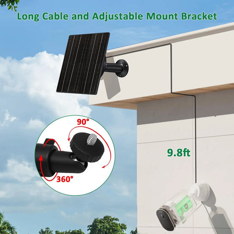 10W Trail Camera Solar Charger with 10400mAh battery and adjustable 360-degree mount attached to a wall corner, 9.8-foot cable visible.