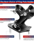 Heavy Duty Aluminum Flag Holder Bracket For House Exterior That Cuts Through Wind And Rain Dual Position Adjustable Zero Rust One Inch Black Flag Pole Mount with stainless steel nuts and screws.