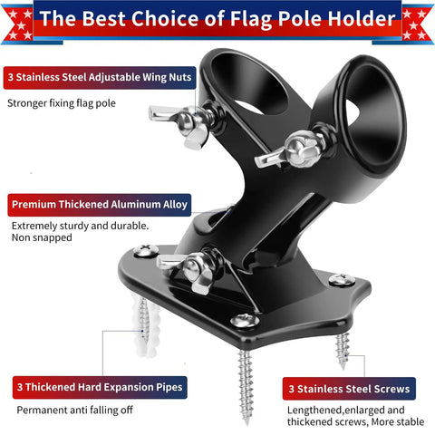 Heavy Duty Aluminum Flag Holder Bracket For House Exterior That Cuts Through Wind And Rain Dual Position Adjustable Zero Rust One Inch Black Flag Pole Mount with stainless steel nuts and screws.
