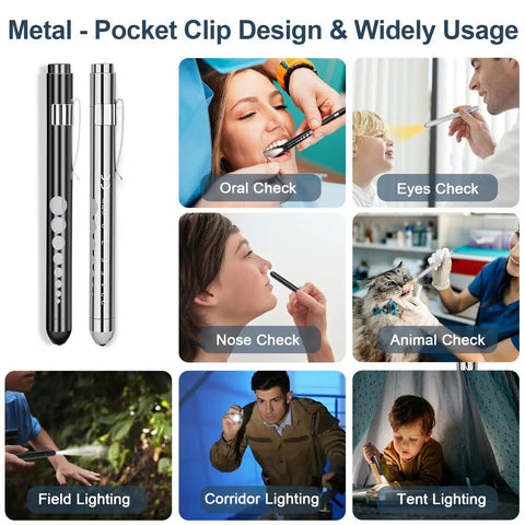 Collage showing metal penlights for oral, nose, eyes, animal checks, and field, corridor, tent lighting. Pocket clip design.