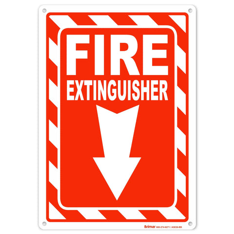 Front view of 7 Inch By 10 Inch Fire Extinguisher Sign Made From Rust Free Aluminum With Bold Text And Symbol For High Visibility