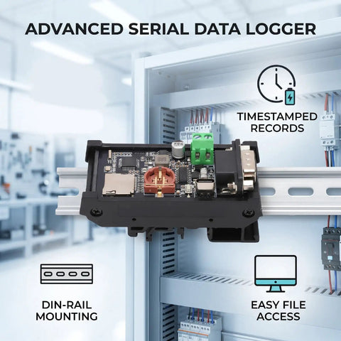 Straight Fire RS232 Serial Port Recorder For Capturing Critical Data Logs Directly To Memory Card With Spot On Timestamps, mounted on DIN rail.