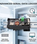 Advanced RS232 Serial Port Data Logger mounted on DIN rail, ideal for automotive tuning and industrial debugging.