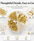 Gold Paper Binder And Clip Set With Push Pins, Metal Assorted Sized Binders, Paper Clips, And Holder for office use