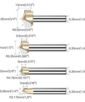 Four Piece Roundover Router Bit Set With One Quarter Inch Shank For CNC Woodworking And Carving, Dope Carbide Two Flute Roundover And Beading Bits In Diameters Three Quarter Inch, One Half Inch, Three Eighths Inch, And One Quarter Inch displayed with size measurements.