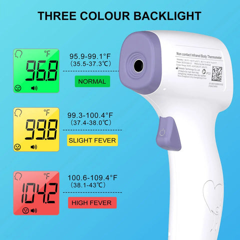 No Touch Infrared Thermometer For Adults And Kids With Fever Alert 2 In 1 Body Surface Mode No Touch Forehead And Surface Readings Instant Accurate Temperature For Baby And Family. White infrared body thermometer with 3-color fever display