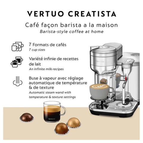Vertuo Creatista Coffee And Espresso Maker By Breville For Pro Grade Home Barista Quality Brew shown with coffee cup and capsules