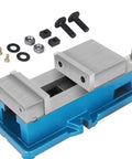 Non Swivel Milling Lockdown Vise 4 Inch Precision Bench Clamp with accessories, 100mm jaw, blue base for milling machines.