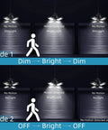 4-Head Outdoor Solar Pendant Light with Motion Sensor modes, showing dim to bright settings, for garage and shed use.