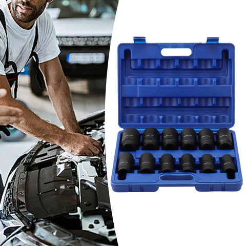 Sick 12 Piece 3/4 Inch Hex Impact Socket Kit, 3 Inches Long Rugged Design With Rust Proof Coating For Heavy Torque Jobs Plus Storage Case, Perfect For Tough Garage Work. 12-piece black sockets in blue case