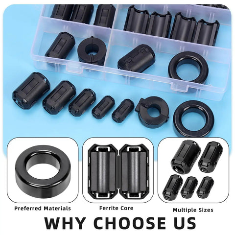 Black Clip-On Ferrite Ring Core Set with 28 cable clips, two toroid and ferrite cores for RFI EMI noise suppression displayed.