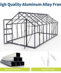 Walk-In Outdoor Greenhouse Kit frame with built-to-last aluminum, showing structure, steel base, and expansion screws, 8 by 16 foot.