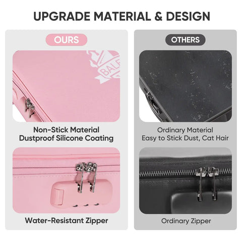 Comparison of fireproof document box with lock portable waterproof file organizer in pink with silicone coating and zipper.