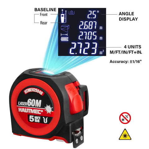 All In One 3 In 1 Laser Tape Measure With Auto Level, 197ft Laser Distance Meter, 16ft Digital Tape With Fractions, Built In Level, Rechargeable Electronic Tape For Builders And Contractors, black and red 16ft tape measure with laser display