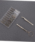 Miniature Screws Kit With 1000 Stainless Steel Screws For Glasses Watch Phone Eyeglass Repair Tool Set Includes Multiple Sizes And Lengths In Clear Box Handy Everyday Home Fixes And Quick Replacement Parts showcasing clear box, tweezers, and screwdriver