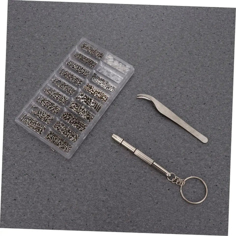 Miniature Screws Kit With 1000 Stainless Steel Screws For Glasses Watch Phone Eyeglass Repair Tool Set Includes Multiple Sizes And Lengths In Clear Box Handy Everyday Home Fixes And Quick Replacement Parts showcasing clear box, tweezers, and screwdriver