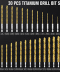 30Pcs HSS Titanium Drill Bit Set With Quick Change Shank For Sheet Metal Wood And Plastic displayed in size order