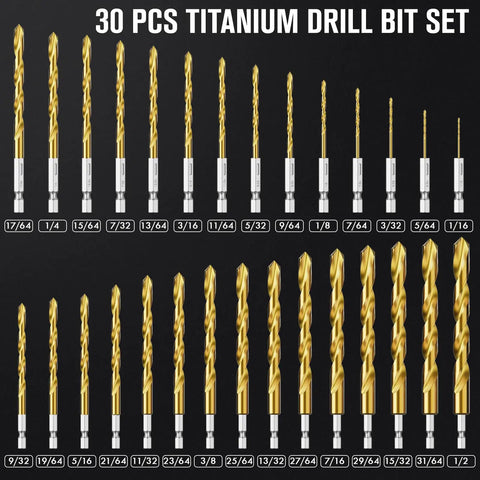 30Pcs HSS Titanium Drill Bit Set With Quick Change Shank For Sheet Metal Wood And Plastic displayed in size order