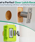 Door Latch Mortise Template Kit With Non Marking Clamp And Precision Depth Gauge Router Jig For 1-3/8 And 1-3/4 Inch Doors aligned on a door.